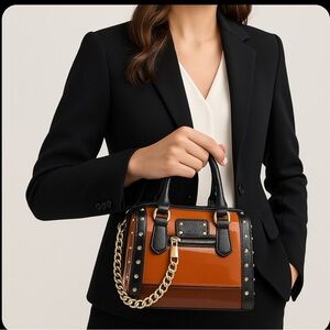 ✨Dasein Women Orange Shiny Patent Faux Barrel Bag Leather Satchel Shoulder Bags